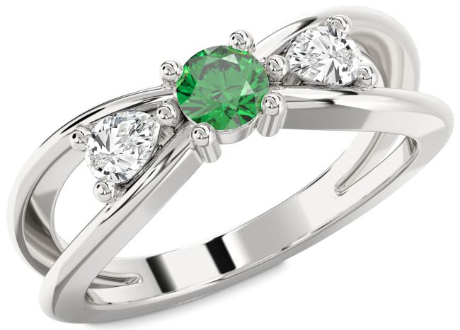 Diamond Emerald Silver Round Three Stone Engagement Ring
