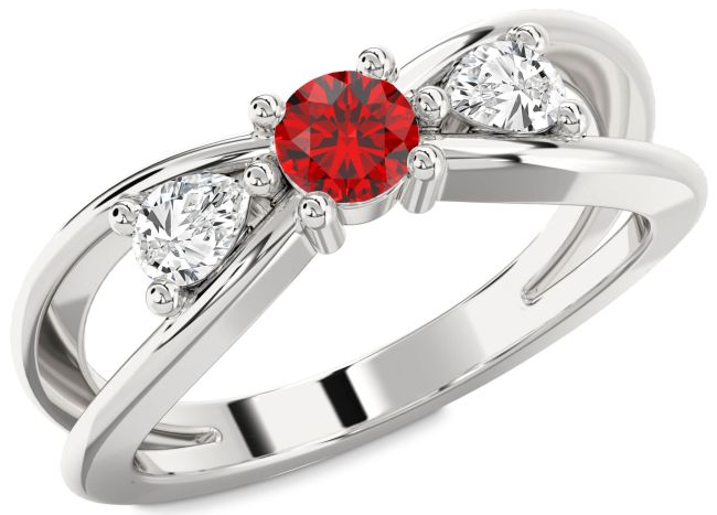 Diamond Ruby Silver Round Three Stone Engagement Ring