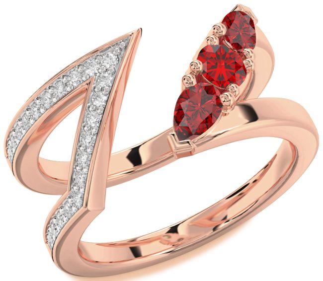 Diamond Ruby Rose Gold Round Three Stone Birthstone Ring