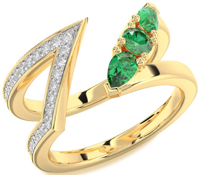 Diamond Emerald Gold Round Three Stone Birthstone Ring