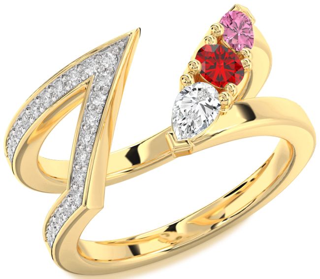 Diamond Gold Silver Round Three Stone Mother's Ring