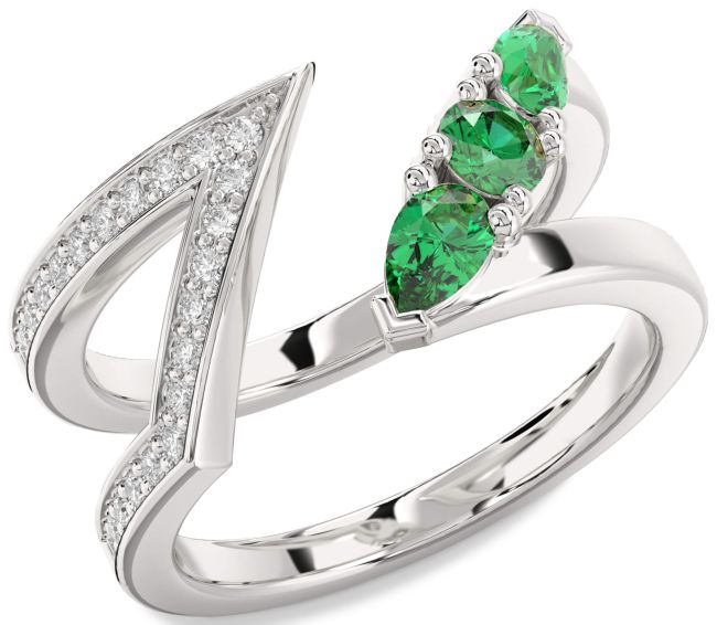 Diamond Emerald Silver Round Three Stone Birthstone Ring