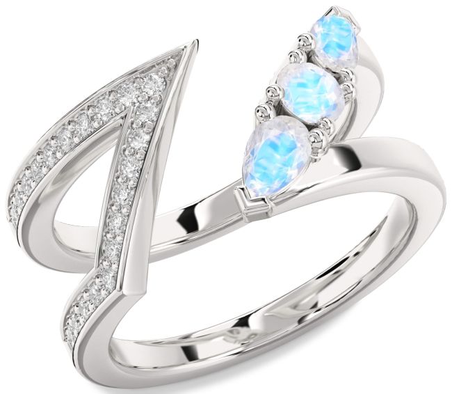 Diamond Moonstone Platinum Round Three Stone Ring