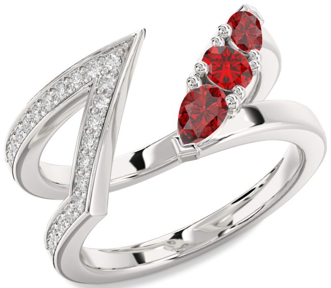 Diamond Ruby Silver Round Three Stone Birthstone Ring