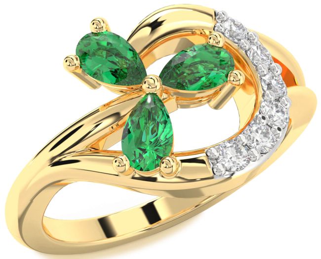 Diamond Emerald Gold Pear Three Stone Birthstone Ring