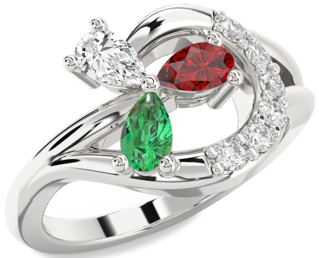 Diamond Silver Pear Three Stone Mother's Ring