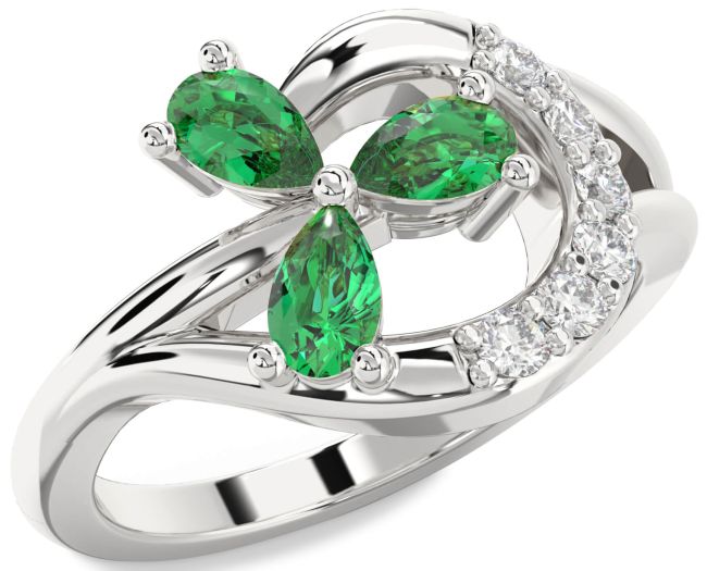 Diamond Emerald Silver Pear Three Stone Birthstone Ring