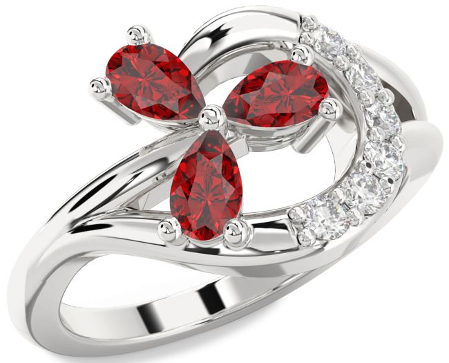 Diamond Ruby Silver Pear Three Stone Birthstone Ring