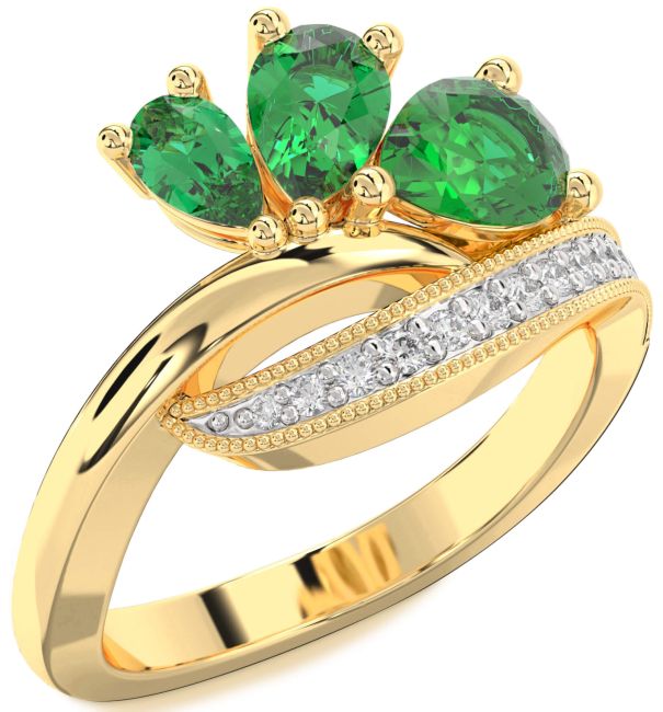 Diamond Emerald Gold Silver Pear Three Stone Birthstone Ring