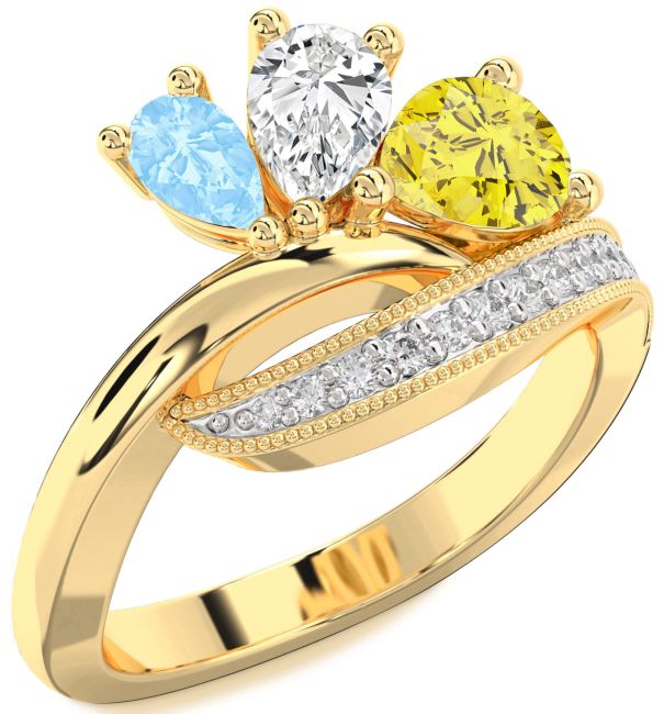 Diamond Gold Silver Pear Three Stone Mother's Ring