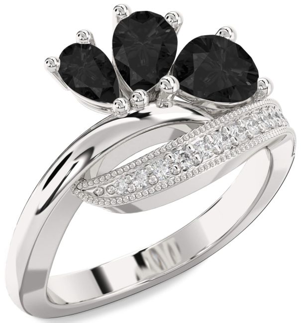 Black Diamond Silver Pear Three Stone Ring