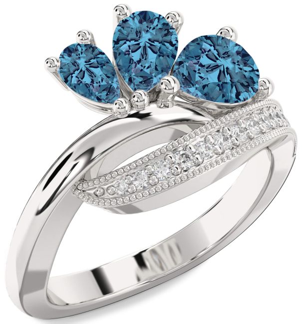 Blue Diamond Silver Pear Three Stone Ring