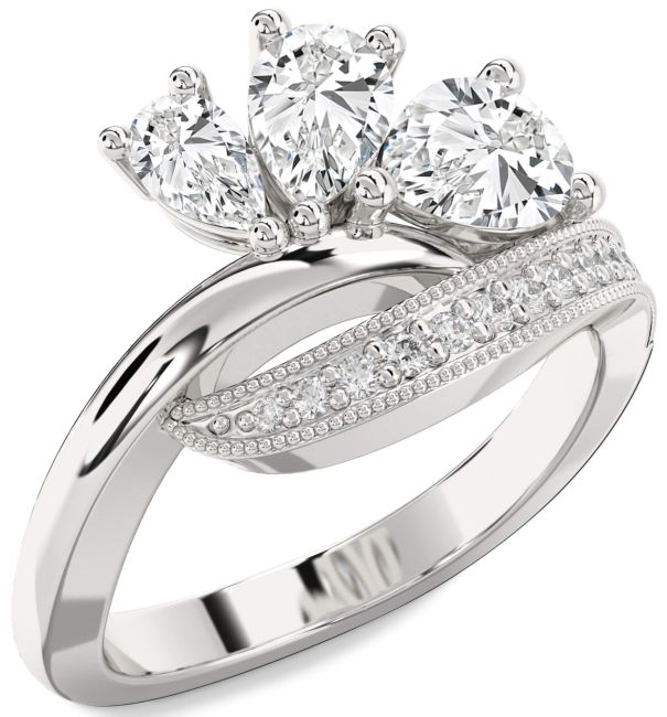Diamond Silver Pear Three Stone Ring