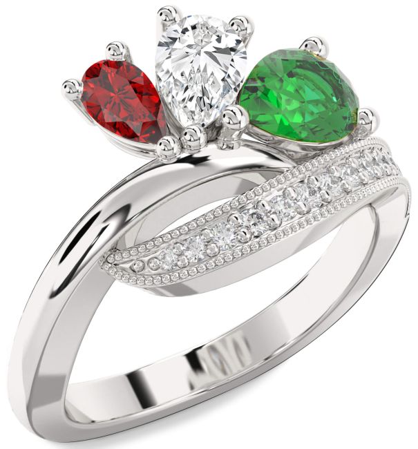 Diamond Silver Pear Three Stone Mother's Ring