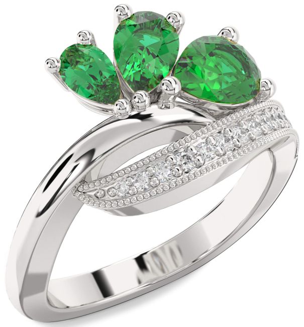 Diamond Emerald Silver Pear Three Stone Birthstone Ring