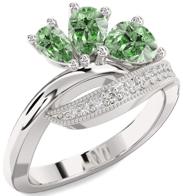 Green Diamond Silver Pear Three Stone Ring