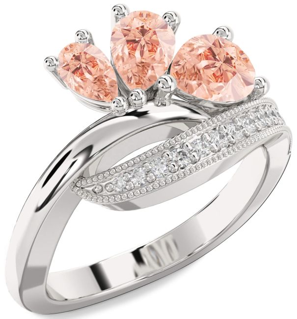 Diamond Morganite Silver Pear Three Stone Ring