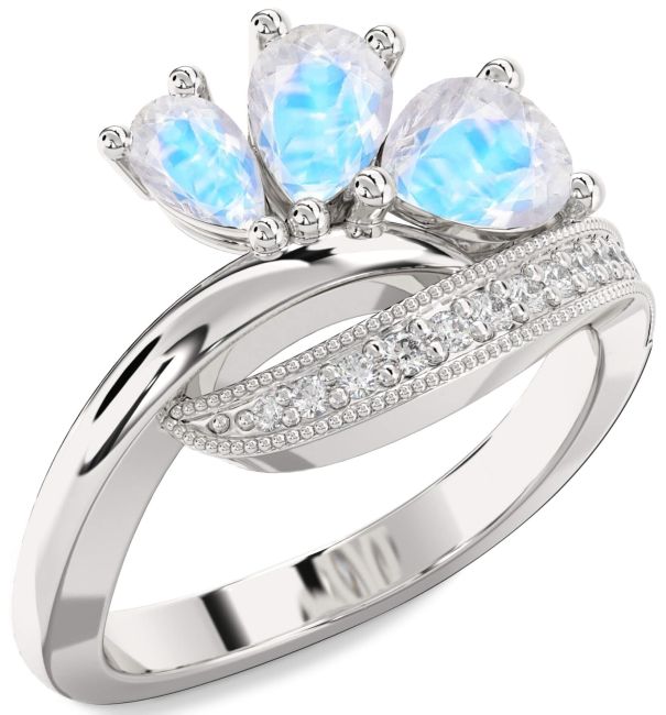 Diamond Moonstone Silver Pear Three Stone Ring