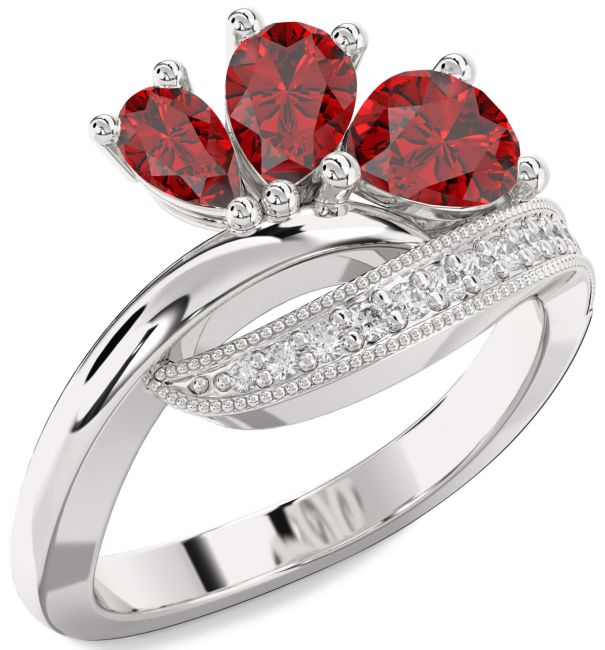 Diamond Ruby Silver Pear Three Stone Birthstone Ring