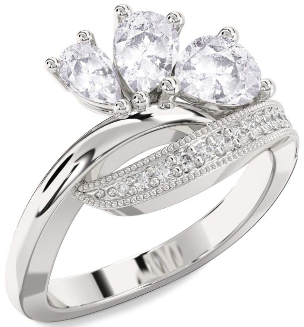 Salt & Pepper Diamond Silver Pear Three Stone Ring