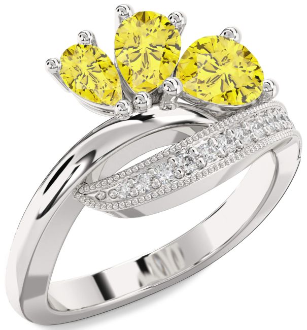 Yellow Diamond Silver Pear Three Stone Ring