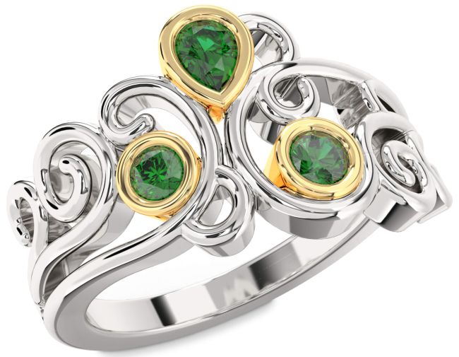 Emerald Gold Silver Pear Three Stone Birthstone Ring