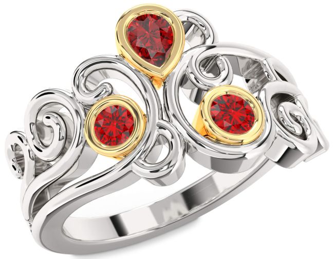 Ruby Gold Silver Pear Three Stone Birthstone Ring