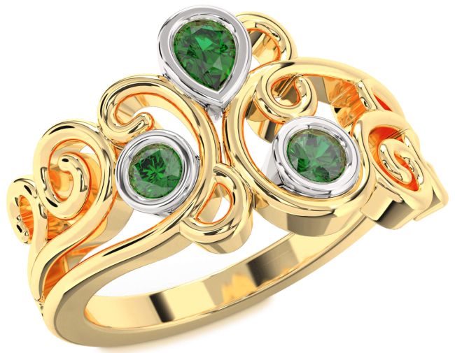 Emerald Gold Silver Pear Three Stone Birthstone Ring