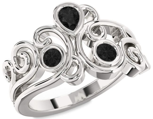 Black Diamond Silver Pear Three Stone Ring