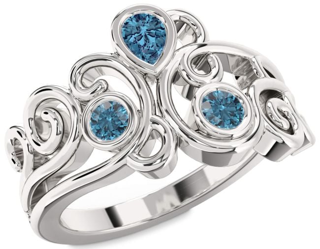 Blue Diamond Silver Pear Three Stone Ring