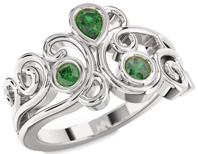 Emerald Silver Pear Three Stone Birthstone Ring