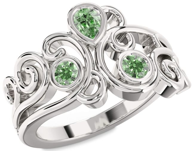 Green Diamond Silver Pear Three Stone Ring