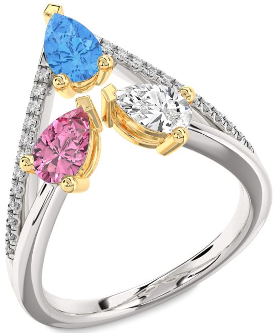 Diamond Silver & 10K gold Pear Three Stone Mother's Ring