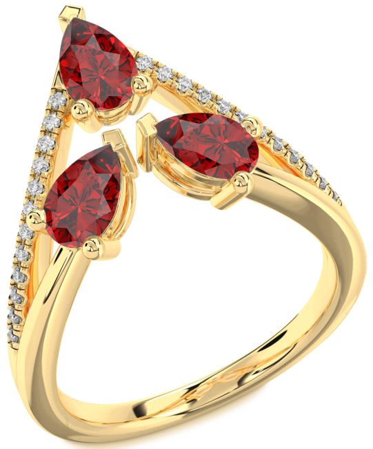 Diamond Ruby Gold Pear Three Stone Birthstone Ring