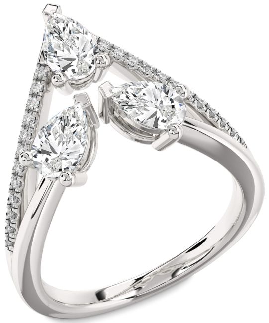 Diamond Silver Pear Three Stone Ring
