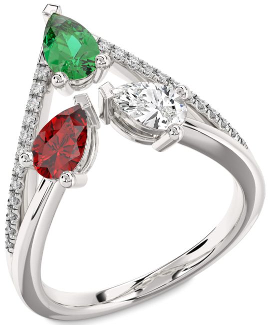 Diamond Silver Pear Three Stone Mother's Ring