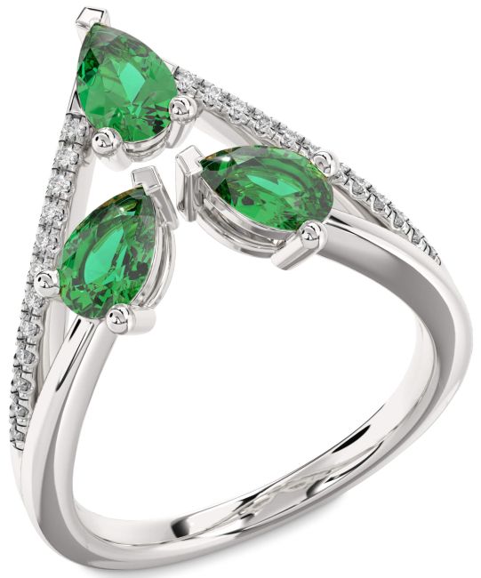 Diamond Emerald Silver Pear Three Stone Birthstone Ring