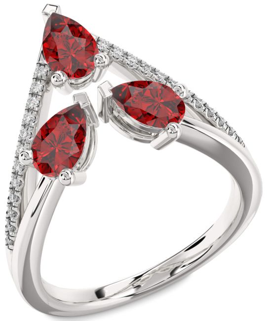 Diamond Ruby Silver Pear Three Stone Birthstone Ring