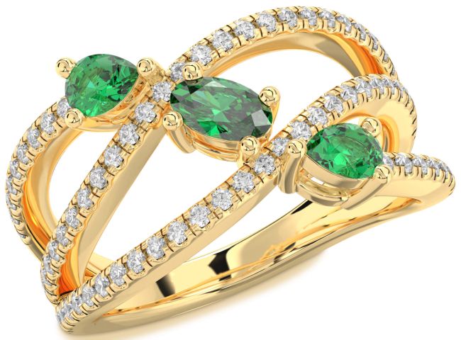 Diamond Emerald Gold Oval Three Stone Birthstone Ring