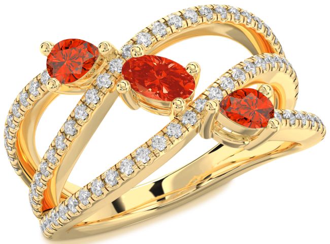 Diamond Fire Opal Gold Oval Three Stone Ring