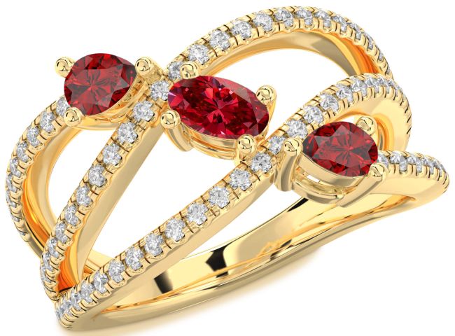 Diamond Ruby Gold Oval Three Stone Birthstone Ring