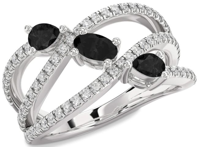 Black Diamond Silver Oval Three Stone Ring
