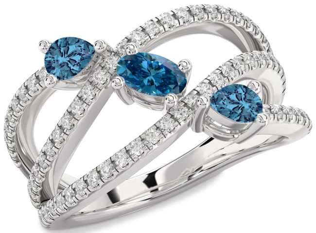 Blue Diamond Silver Oval Three Stone Ring