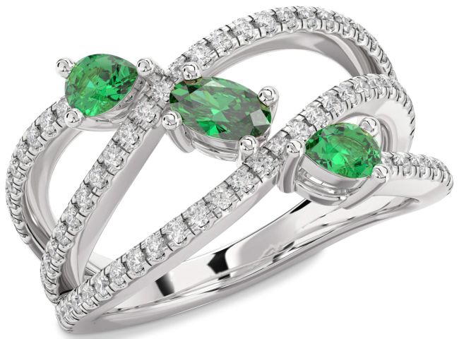 Diamond Emerald Silver Oval Three Stone Birthstone Ring