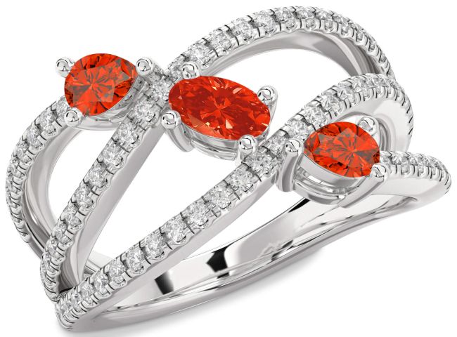 Diamond Fire Opal Silver Oval Three Stone Ring