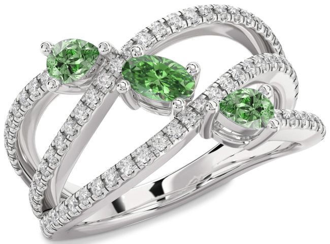 Green Diamond Silver Oval Three Stone Ring