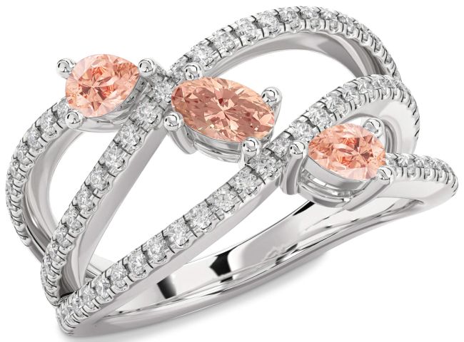 Diamond Morganite Silver Oval Three Stone Ring