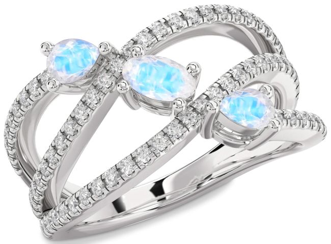 Diamond Moonstone Silver Oval Three Stone Ring