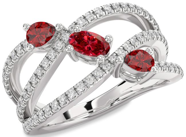 Diamond Ruby Silver Oval Three Stone Birthstone Ring