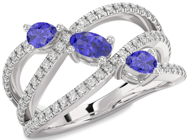 Diamond Tanzanite Silver Oval Three Stone Ring